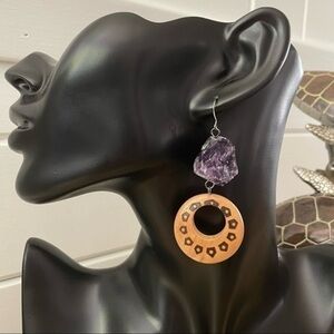 2/$29 Handmade Raw Amethyst Wood Statement Earrings 3” Casual